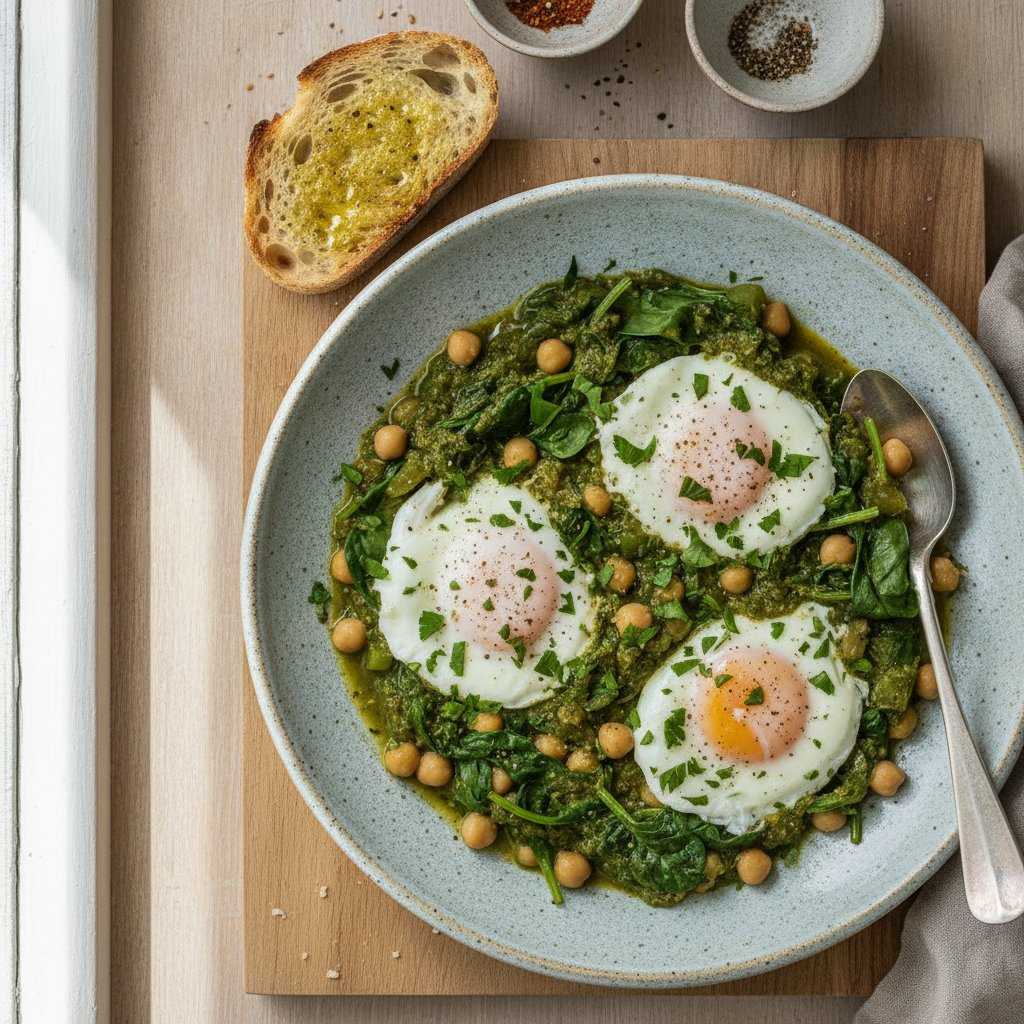 Grüne Shakshuka mit Kichererbsen und Spinat