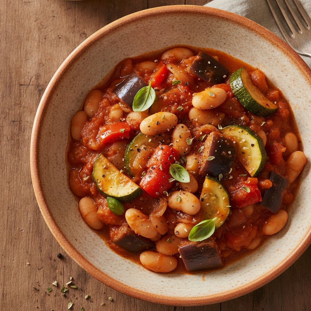 Langsam geschmortes mediterranes Gemüse mit weißen Bohnen