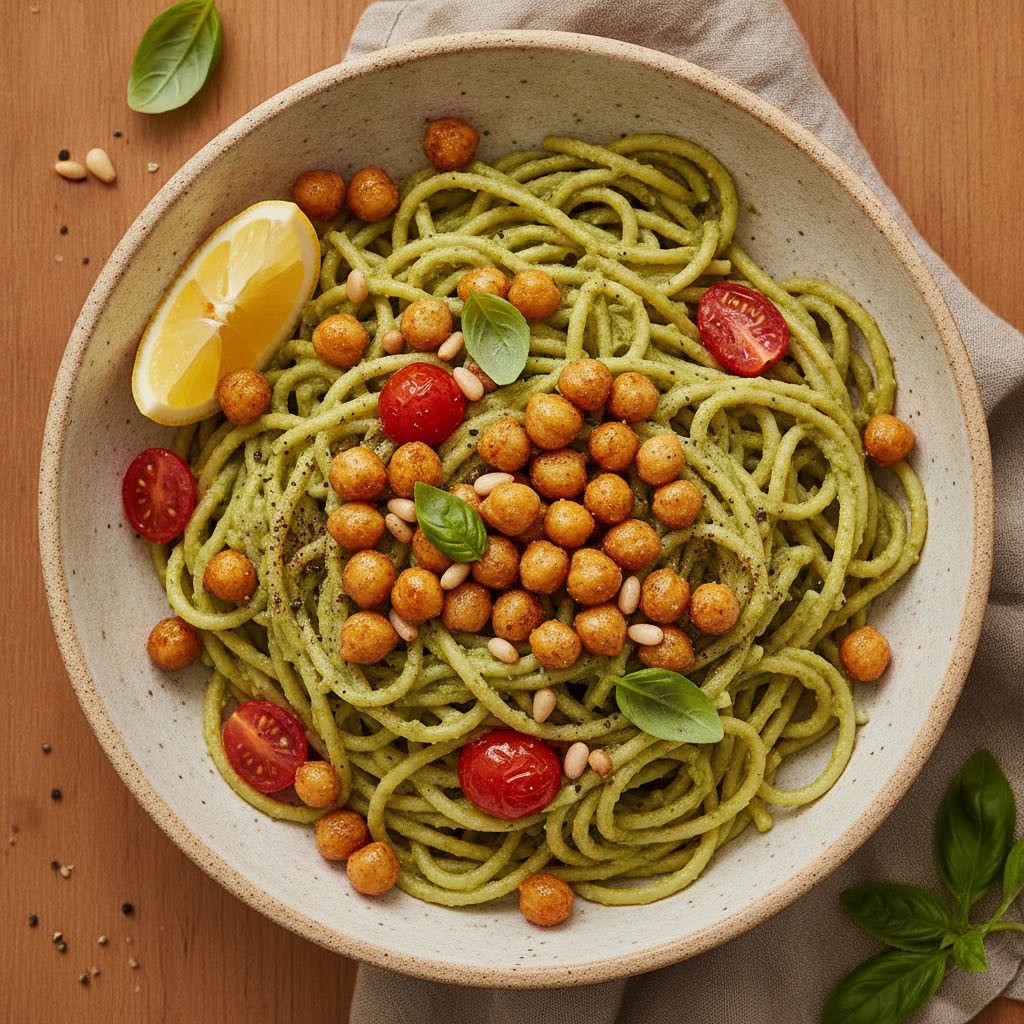 Cremige Avocado-Pesto Pasta Bowl mit gerösteten Kichererbsen