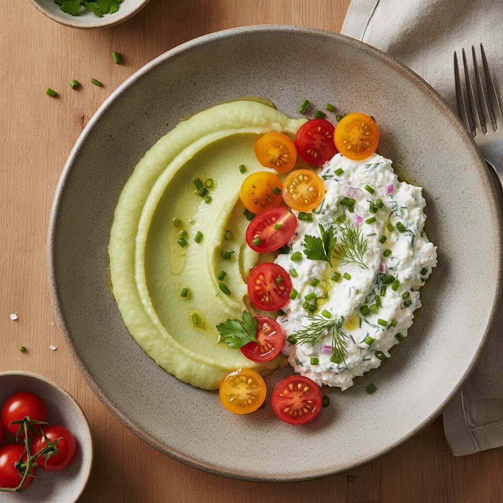Kohlrabi-Püree mit Kräuterquark und frischen Tomaten
