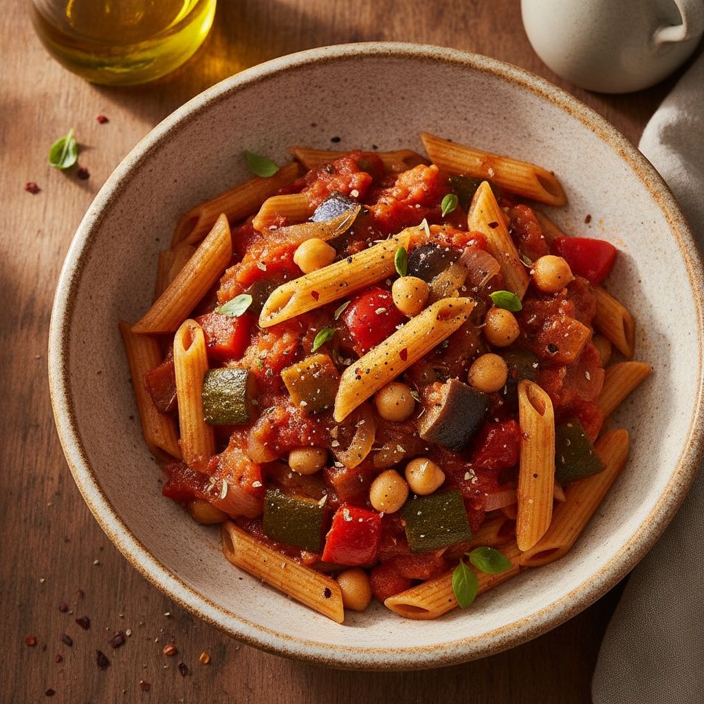 Mediterraner Pasta-Eintopf mit geschmortem Gemüse und Kichererbsen