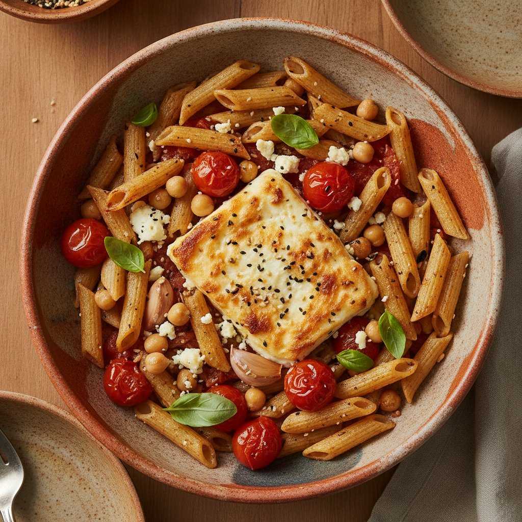 Ofen-Pasta mit Feta, Kichererbsen & Umami-Kick