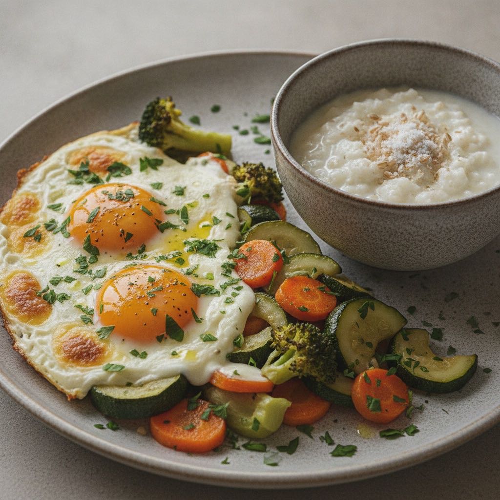 Ofen-Ei mit Mozzarella-Gemüse und leichtem Milchreis