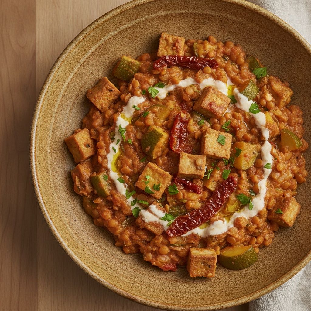 Cremiges Zucchini-Linsen-Ragout mit geräuchertem Tofu