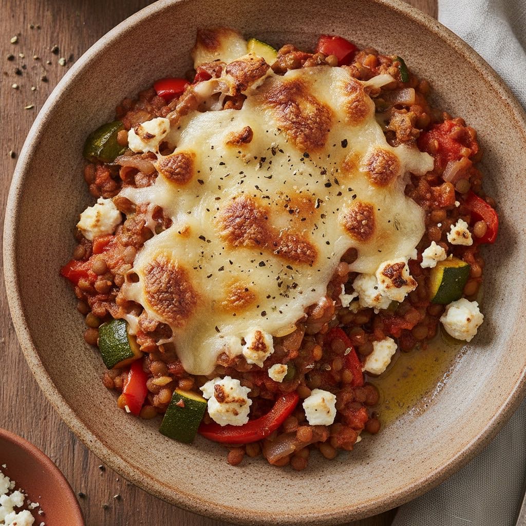 Herzhafter Linsen-Feta-Gemüse-Auflauf