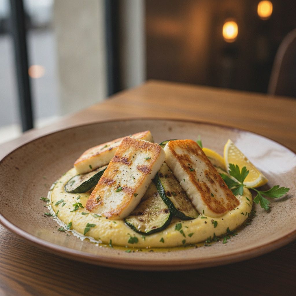 Gegrillter Halloumi & Zucchini auf cremigem Zitronen-Kräuter-Polenta