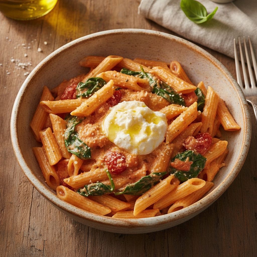 Cremige Penne mit Ricotta, Spinat und Tomaten