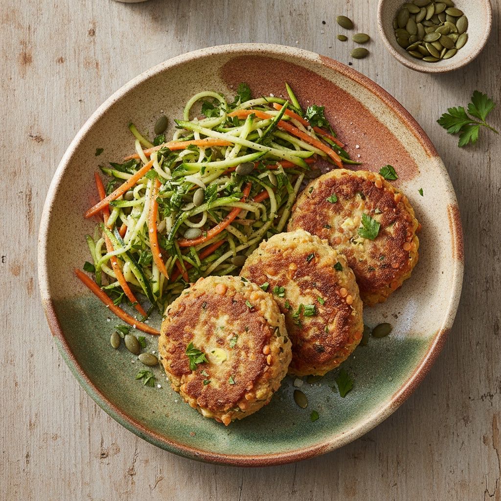 Proteinreiche Quinoa-Linsen-Patties mit Kräuter-Zucchini-Salat