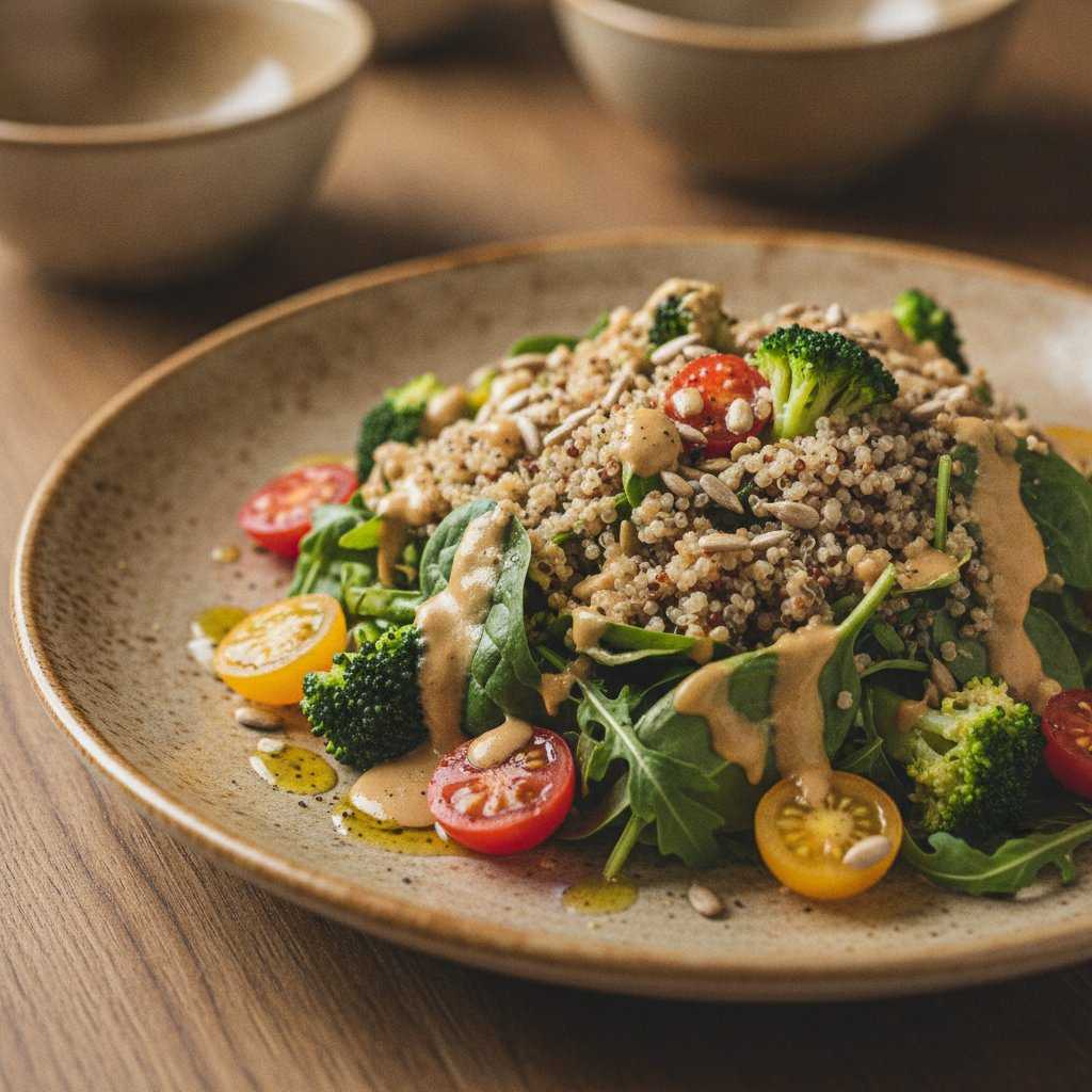 Frischer Quinoa-Brokkoli-Salat mit cremigem Tahini-Dressing