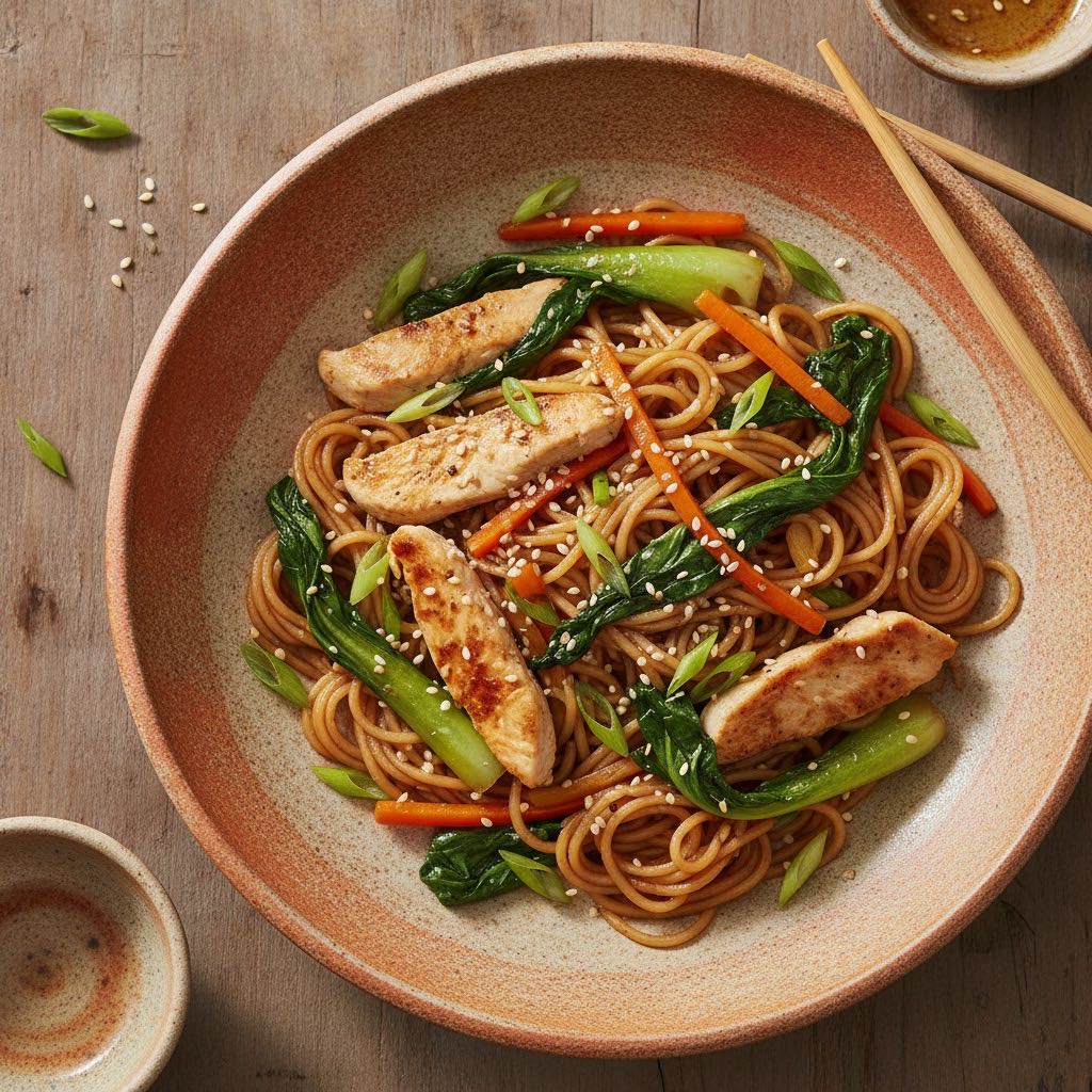 Asiatische Hähnchen-Reisnudeln mit Pak Choi
