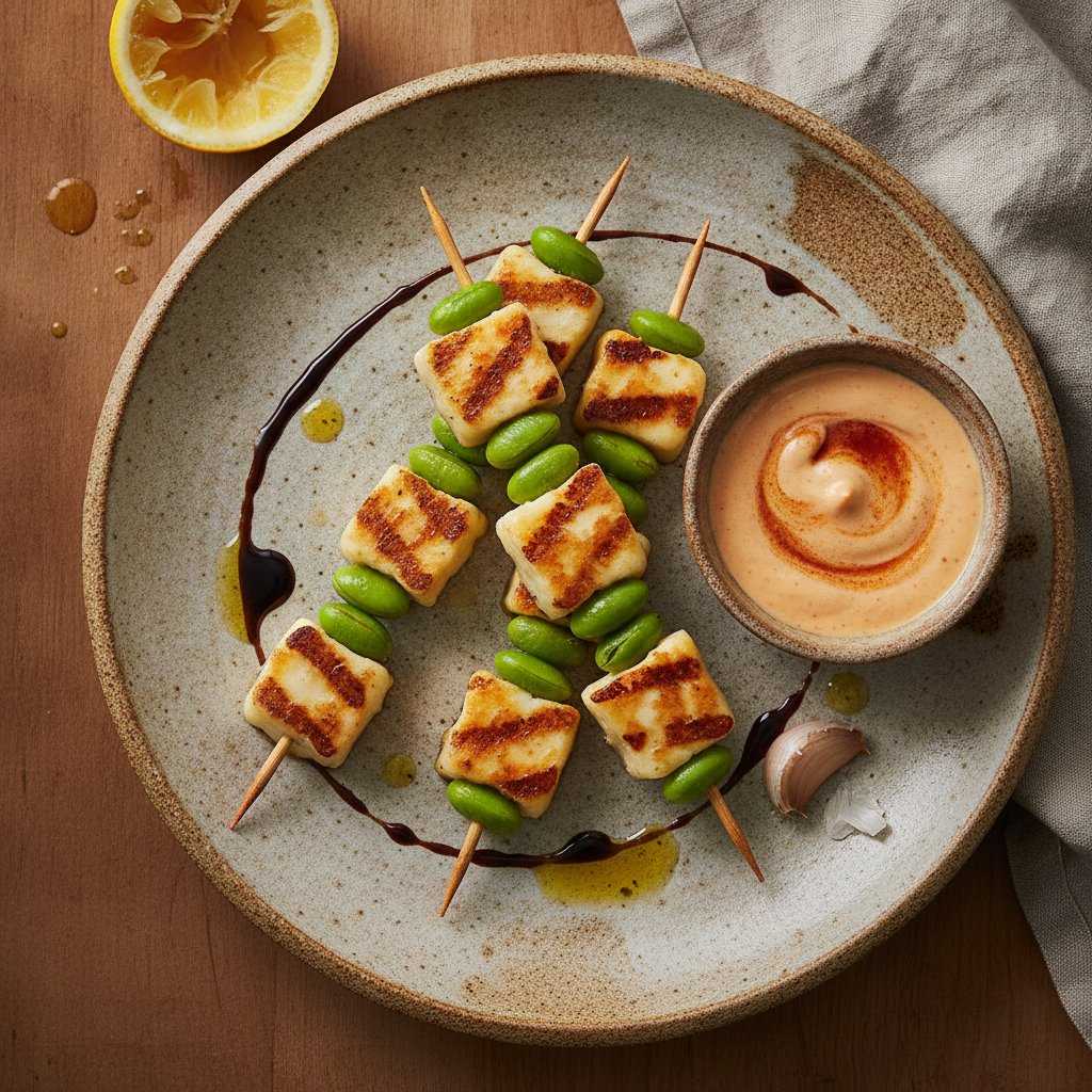 Halloumi-Edamame Spieße mit Zitronen-Sriracha-Dip